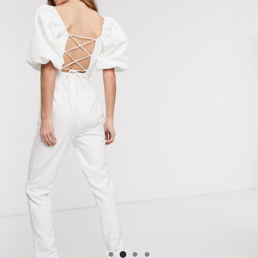 Tall puff sleeve jumpsuit with lace up back detail